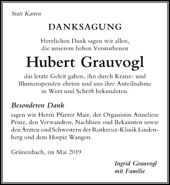 Traueranzeige von Hubert Grauvogl von Der Westallgäuer