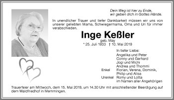 Traueranzeige von Inge Keßler von Memminger Zeitung