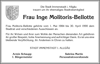 Traueranzeige von Inge Molitoris-Bellotte von Allgäuer Anzeigeblatt
