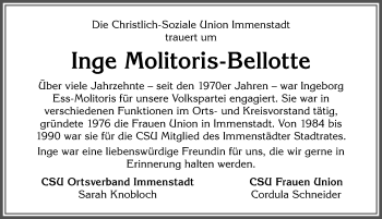 Traueranzeige von Inge Molitoris-Bellotte von Allgäuer Anzeigeblatt