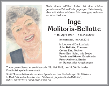 Traueranzeige von Inge Molitoris-Bellotte von Allgäuer Anzeigeblatt