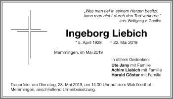 Traueranzeige von Ingeborg Liebich von Memminger Zeitung