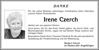 Traueranzeige von Irene Czerch von Allgäuer Zeitung, Kaufbeuren/Buchloe