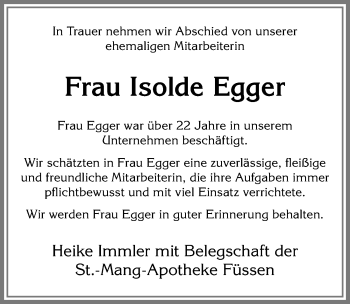 Traueranzeige von Isolde Egger von Allgäuer Zeitung, Füssen