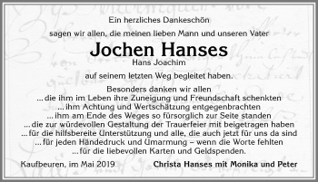 Traueranzeige von Jochen Hanses von Allgäuer Zeitung, Kaufbeuren/Buchloe