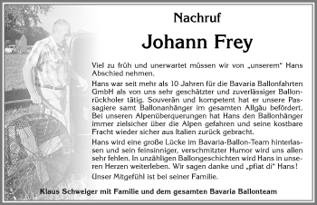 Traueranzeige von Johann Frey von Allgäuer Zeitung, Füssen