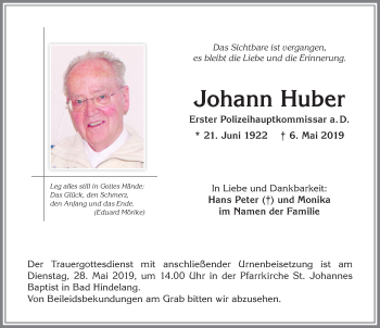 Traueranzeige von Johann Huber von Allgäuer Zeitung