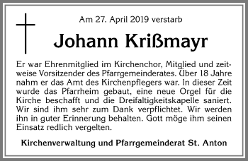 Traueranzeige von Johann Krißmayr von Allgäuer Zeitung,Kempten