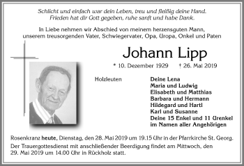 Traueranzeige von Johann Lipp von Allgäuer Zeitung, Füssen