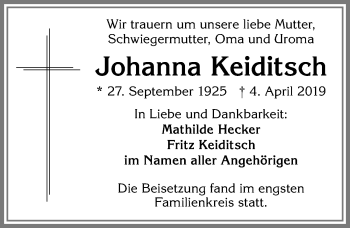 Traueranzeige von Johanna Keiditsch von Allgäuer Zeitung, Kaufbeuren/Buchloe