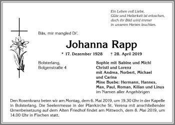Traueranzeige von Johanna Rapp von Allgäuer Anzeigeblatt