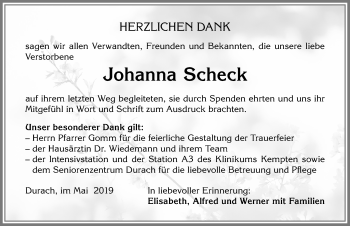 Traueranzeige von Johanna Scheck von Allgäuer Zeitung,Kempten