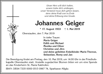 Traueranzeige von Johannes Geiger von Allgäuer Anzeigeblatt