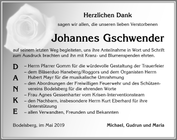 Traueranzeige von Johannes Gschwender von Allgäuer Zeitung,Kempten