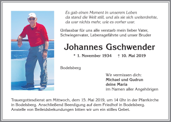 Traueranzeige von Johannes Gschwender von Allgäuer Zeitung,Kempten