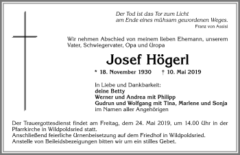 Traueranzeige von Josef Högerl von Allgäuer Anzeigeblatt