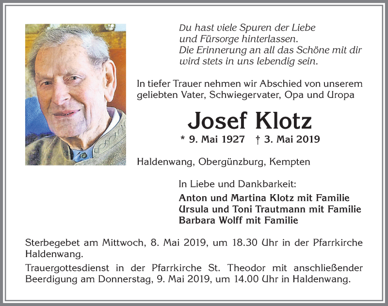  Traueranzeige für Josef Klotz vom 07.05.2019 aus Allgäuer Zeitung,Kempten