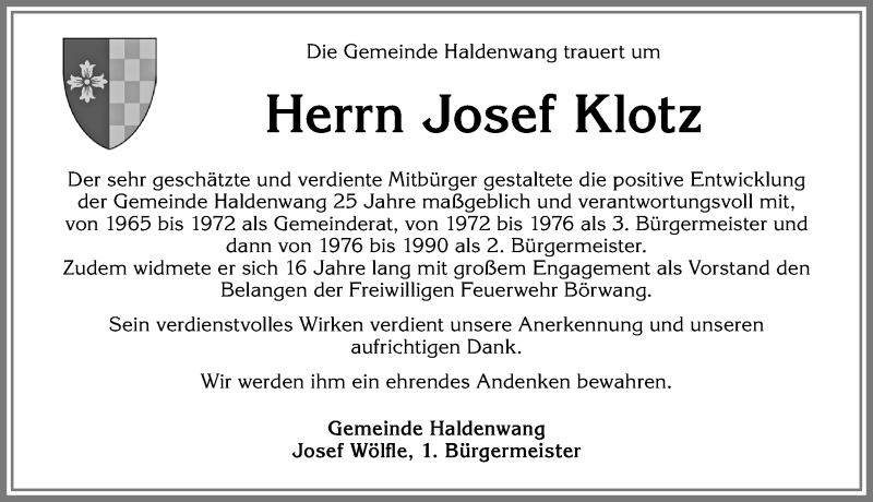  Traueranzeige für Josef Klotz vom 08.05.2019 aus Allgäuer Zeitung,Kempten
