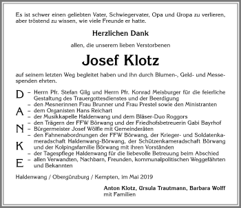 Traueranzeige von Josef Klotz von Allgäuer Zeitung,Kempten