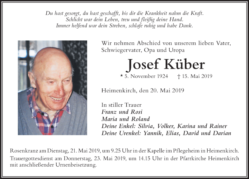  Traueranzeige für Josef Küber vom 20.05.2019 aus Der Westallgäuer
