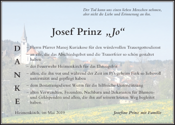 Traueranzeige von Josef Prinz von Der Westallgäuer