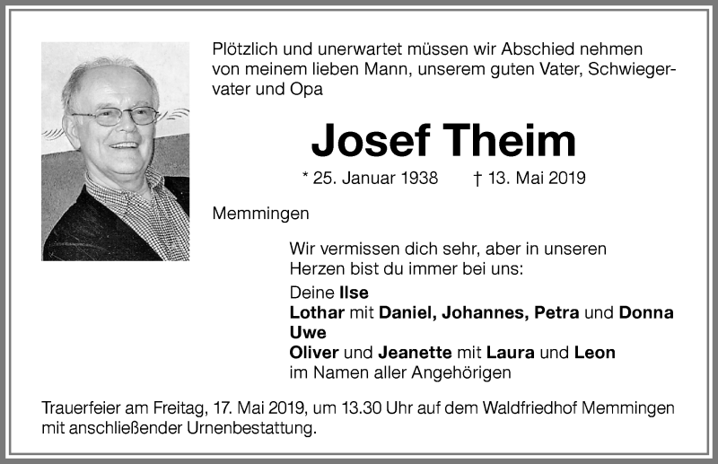  Traueranzeige für Josef Theim vom 16.05.2019 aus Memminger Zeitung