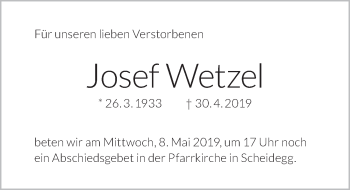 Traueranzeige von Josef Wetzel von Der Westallgäuer
