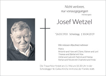 Traueranzeige von Josef Wetzel von Der Westallgäuer