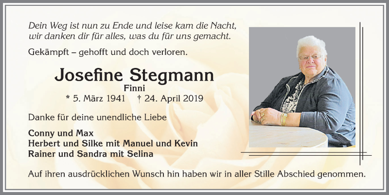  Traueranzeige für Josefine Stegmann vom 04.05.2019 aus Allgäuer Zeitung, Marktoberdorf
