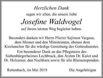 Traueranzeige von Josefine Waldvogel von Allgäuer Zeitung, Marktoberdorf