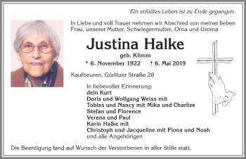Traueranzeige von Justina Halke von Allgäuer Zeitung, Kaufbeuren/Buchloe