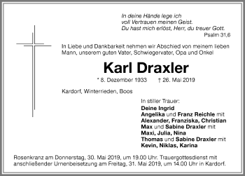Traueranzeige von Karl Draxler von Memminger Zeitung