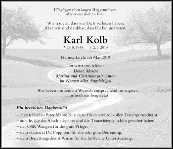 Traueranzeige von Karl Kolb von Der Westallgäuer