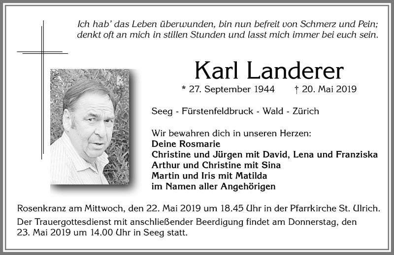  Traueranzeige für Karl Landerer vom 21.05.2019 aus Allgäuer Zeitung, Füssen