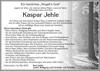 Traueranzeige von Kaspar Jehle von Allgäuer Zeitung, Füssen