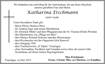Traueranzeige von Katharina Etschmann von Allgäuer Zeitung, Füssen