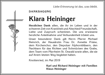 Traueranzeige von Klara Heininger von Allgäuer Anzeigeblatt