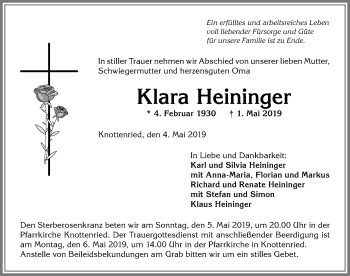 Traueranzeige von Klara Heininger von Allgäuer Anzeigeblatt