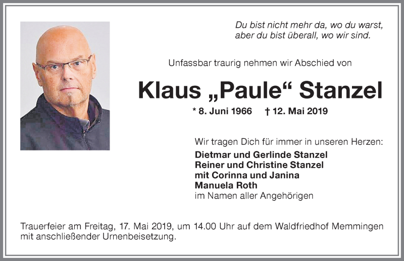  Traueranzeige für Klaus Stanzel vom 15.05.2019 aus Memminger Zeitung