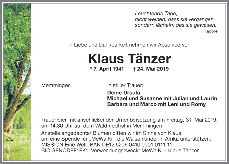  Traueranzeige für Klaus Tänzer vom 28.05.2019 aus Memminger Zeitung