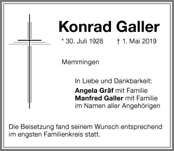 Traueranzeige von Konrad Galler von Memminger Zeitung