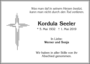 Traueranzeige von Kordula Seeler von Allgäuer Zeitung,Kempten