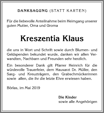 Traueranzeige von Kreszentia Klaus von Allgäuer Anzeigeblatt