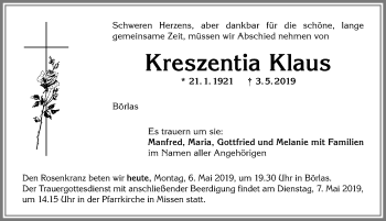 Traueranzeige von Kreszentia Klaus von Allgäuer Anzeigeblatt