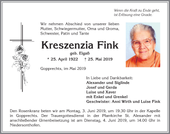 Traueranzeige von Kreszenzia Fink von Allgäuer Anzeigeblatt