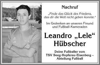 Traueranzeige von Leandro Hübscher von Allgäuer Zeitung, Füssen
