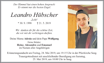 Traueranzeige von Leandro Hübscher von Allgäuer Zeitung, Füssen