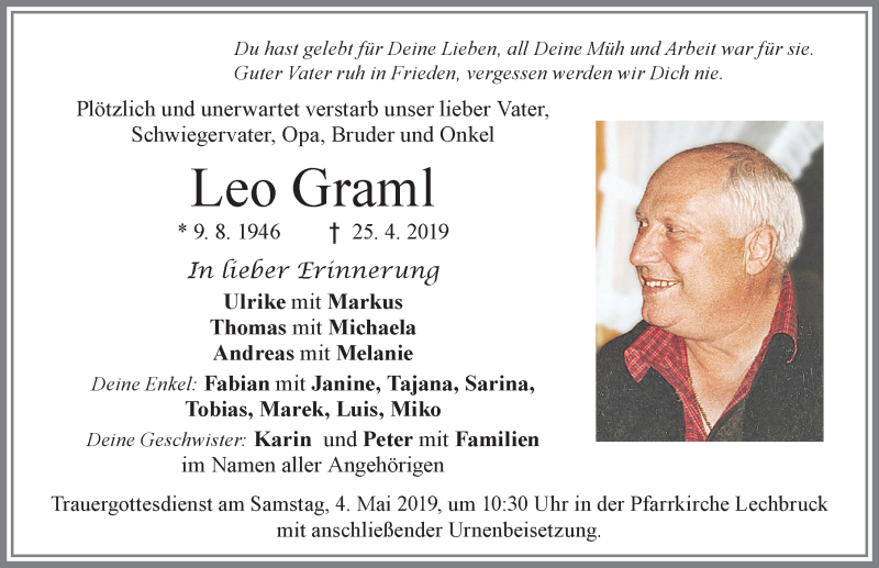  Traueranzeige für Leo Graml vom 02.05.2019 aus Allgäuer Zeitung, Füssen