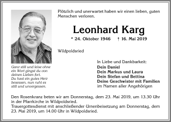 Traueranzeige von Leonhard Karg von Allgäuer Zeitung,Kempten