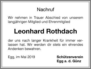 Traueranzeige von Leonhard Rothdach von Memminger Zeitung